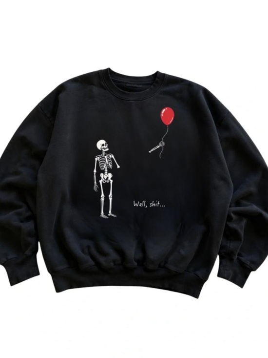 Gildan Tops - Black Crewneck Sweatshirt with White Skeleton & Red Balloon